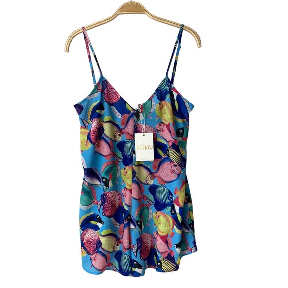 Show Me Your Mumu Rascal Romper Women Size M Blue Allover‎ Fish Print Beach  NWT - Picture 1 of 9